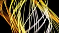 Abstract neon wavy yellow lines flowing on black background, seamless loop. Animation. Shining golden curved stripes Royalty Free Stock Photo