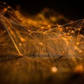 Abstract network connection on wooden surface with golden lines, nodes, intricate design Royalty Free Stock Photo