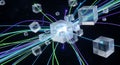 Abstract Network Connections Cubes and Light Trails on Dark Background Royalty Free Stock Photo