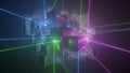 Abstract network of cubes with neon light beams connecting them on a dark background Royalty Free Stock Photo