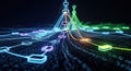 Abstract network diagram with glowing lines connecting nodes on a dark background showing data flow and system architecture Royalty Free Stock Photo