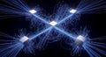 Abstract network of glowing blue digital fibers connecting metallic cubes on black background Royalty Free Stock Photo