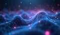 Abstract network of glowing blue dots forms wavy lines against dark backdrop with pink bokeh. Digital connections pulse with Royalty Free Stock Photo
