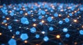 Abstract network of glowing blue hexagonal nodes connected by luminous lines creating a digital data flow visualization with Royalty Free Stock Photo