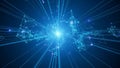 Abstract network of glowing blue lines and nodes radiating from a bright central light source Keywords: abstract Royalty Free Stock Photo