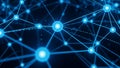 Abstract network of glowing blue nodes connected by lines and dotted lines on a dark background Keywords: network Royalty Free Stock Photo