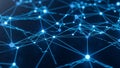 Abstract network of glowing blue nodes and connecting lines on a dark background representing data connections Royalty Free Stock Photo