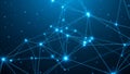 Abstract network of glowing blue nodes and connecting lines on a dark digital background Royalty Free Stock Photo