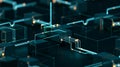 Abstract network of glowing blue and orange lines connecting dark cubes technology Royalty Free Stock Photo