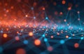 Abstract network of glowing dots and lines. Blue and orange nodes connect forming a digital grid structure with bokeh lights. Royalty Free Stock Photo