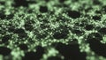 Abstract network of glowing green dots and lines forming a complex interconnected mesh against a dark background representing Royalty Free Stock Photo