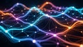 Abstract network of glowing light lines and nodes in vibrant blue, purple, and orange hues Royalty Free Stock Photo