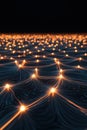 Abstract network of glowing orange nodes connected by bright lines on a dark, wavy surface representing financial technology Royalty Free Stock Photo
