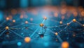 Abstract network of glowing orange nodes connects to dark blue background. Interconnected data points represent complex systems, Royalty Free Stock Photo
