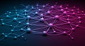 Abstract network of glowing purple and blue spheres connected by thin white lines on a dark textured surface Royalty Free Stock Photo