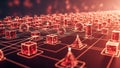 Abstract network with glowing red geometric shapes representing data connections online Royalty Free Stock Photo