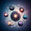 Abstract network of glowing spheres and gears representing interconnected knowledge and intelligence Royalty Free Stock Photo
