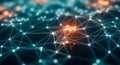 Abstract network of glowing white and orange nodes connected by lines against a dark blue background Royalty Free Stock Photo