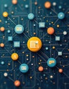 Abstract network graph with data nodes and connecting lines. Colorful circles and squares represent information units and system Royalty Free Stock Photo