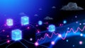 Abstract network illustration with glowing cubes connected by lines and a rising graph in blue tones Royalty Free Stock Photo