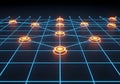 Abstract network of interconnected glowing nodes on a digital grid background Royalty Free Stock Photo