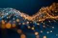 Abstract network of interconnected glowing nodes and lines forming wave-like patterns in blue and orange hues on a dark blurred Royalty Free Stock Photo