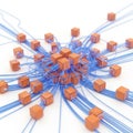 Abstract network of orange cubes connected by blue lines isolated on white background Royalty Free Stock Photo