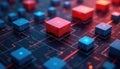 Abstract network of red and blue cubes connected by lines. Digital blocks form complex structure on dark background. Futuristic Royalty Free Stock Photo