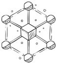 Abstract network structure hand drawn with central cube and six connected nodes Royalty Free Stock Photo
