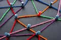 Abstract network of threads and pins as communication and interaction in society.