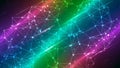 Abstract network of white glowing dots and lines forming a geometric structure against a vibrant rainbow gradient background with Royalty Free Stock Photo