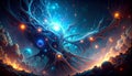 Abstract Neural Web with Data Pulses and Copy Space. AI themed Background. Generated Image Royalty Free Stock Photo