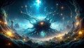 Abstract Neural Web with Data Pulses and Copy Space. AI themed Background. Generated Image Royalty Free Stock Photo