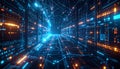 Abstract Neural Web with Data Pulses and Copy Space. AI themed Background. Generated Image Royalty Free Stock Photo