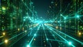Abstract Neural Web with Data Pulses and Copy Space. AI themed Background. Generated Image Royalty Free Stock Photo