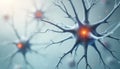 Abstract neurons with glowing orange cores, fine branches spread across light blue background. Neural network visualization shows Royalty Free Stock Photo