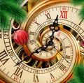 Abstract New Year clock with red ornament ball on green Christmas tree background. Happy New Year 2018 card Christmas time Royalty Free Stock Photo