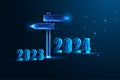 Abstract 2024 New Year concept, transition fro 2023 to 2024 year with signpost on blue background