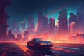 Abstract night city with car, neon lights and skyscrapers. Vector illustration Royalty Free Stock Photo