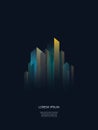 Abstract night cityscape skyline vector background. Geometric shapes of buildings, skyscrapers in perspective. Neon and