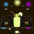 Abstract night club scene with glass of alcohol and couples of people.