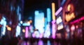 Abstract night lights of a modern futuristic cityscape. Defocused image of a dark street. Tall buildings, towers, skyscrapers Royalty Free Stock Photo