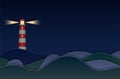 Abstract night sea waves and lighthouse with light beams Royalty Free Stock Photo