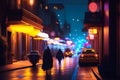 Abstract night view of a side street with illuminated shops, bars and pubs in a big city with pedestrians and cars, made with