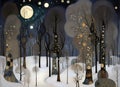 nighttime winter magical forest with jeweled trees and moon created in the style of Klimpt