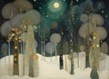 nighttime winter magical forest with jeweled trees stars and moon created in the style of Klimpt