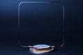 Abstract object. Frame, Metallic Stand With Round Marble Base On Blue Background. Copy Space. Empty Space. 3d Rendering.