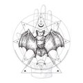 Abstract Occult Symbol, Vintage Style Logo or Tattoo Template. Hand Drawn Black Bat and Palm Hand Sketch Symbol and