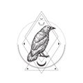 Abstract Occult Symbol, Vintage Style Logo or Tattoo Template. Hand Drawn Black Crow or Raven Sketch Symbol and