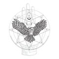 Abstract Occult Symbol, Vintage Style Logo or Tattoo Template. Hand Drawn Flying Black Owl and Palm Hand Sketch Symbol